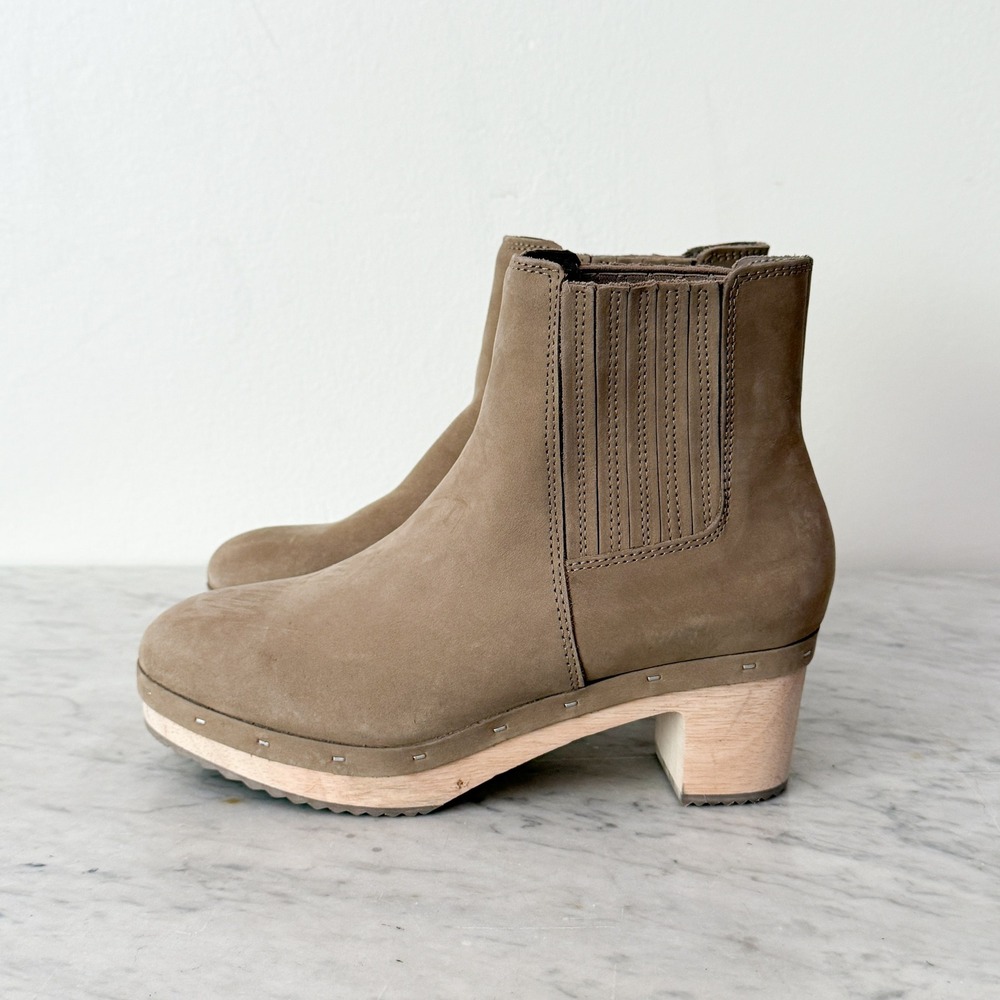Loft Boho Clog Boots 6M Taupe Leather Wood Block Heel Studded‎ Ankle